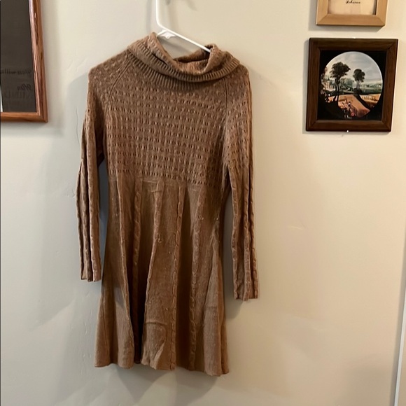 Tan Turtleneck Sweater Dress with Ribbed Knit - Picture 1 of 2